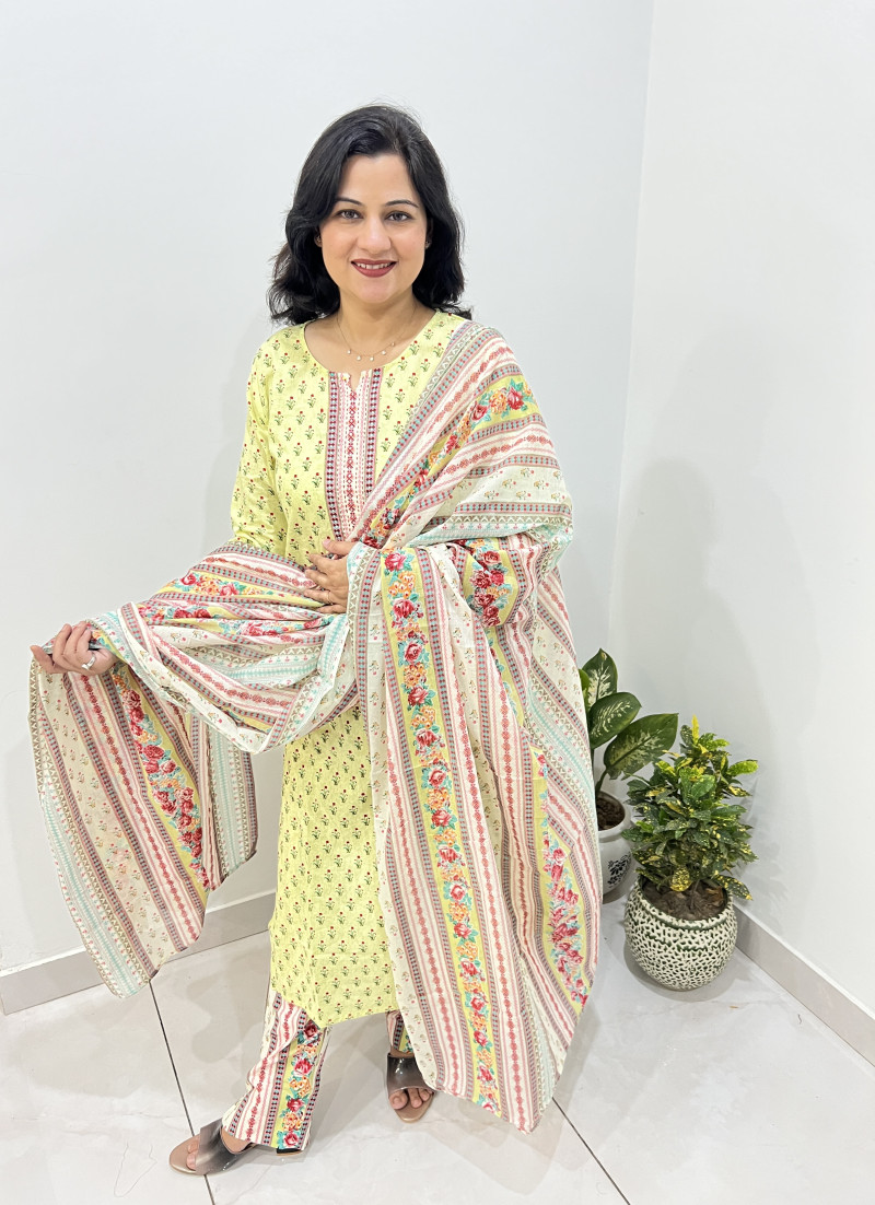 Pure Cotton Regular Style Suit in 3pc Set with Straight Pant and Pure Cotton Dupatta - Lemon Yellow