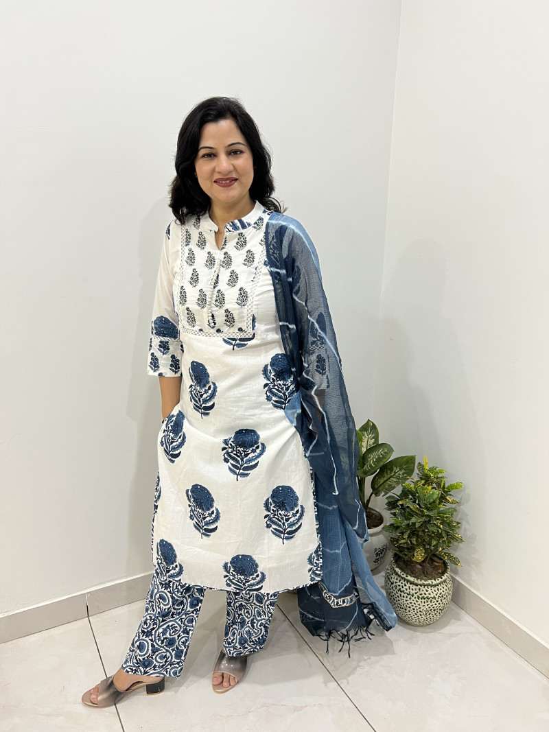 Pure Cotton Regular Style Suit in 3pc Set with Straight Pant and Kota Doria Dupatta - White Indigo