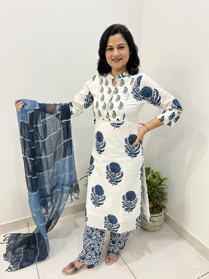 Pure Cotton Regular Style Suit in 3pc Set with Straight Pant and Kota Doria Dupatta - White Indigo