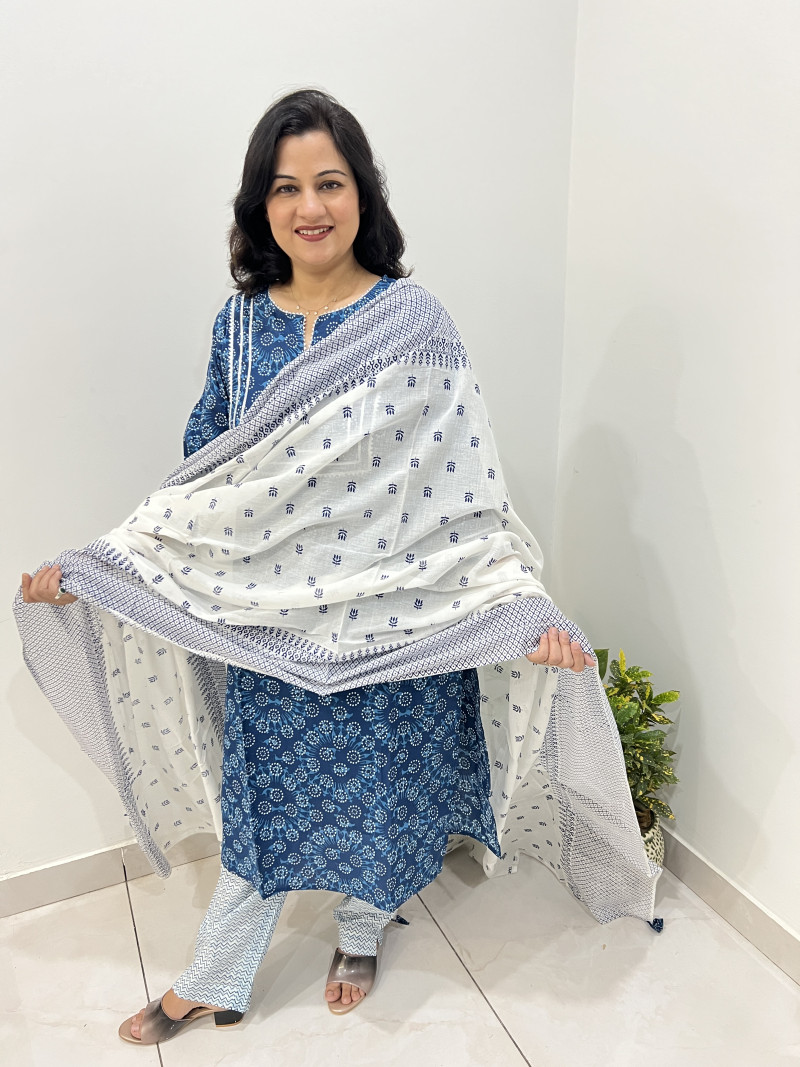 Pure Cotton Regular Style Suit in 3pc Set with Straight Pant and Pure Cotton Dupatta - Peacock Blue