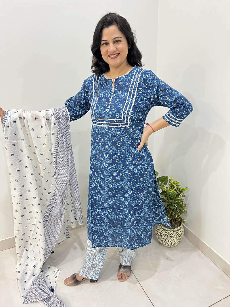 Pure Cotton Regular Style Suit in 3pc Set with Straight Pant and Pure Cotton Dupatta - Peacock Blue