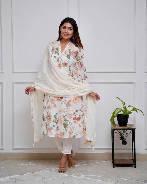 Pure Cotton Regular Style Suit in 3pc Set with Straight Pant and Mal Cotton Dupatta - Off White