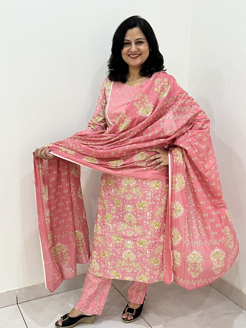 Pure Cotton Regular Style Suit in 3pc Set with Straight Pant and Pure Cotton Dupatta - Carrot Pink