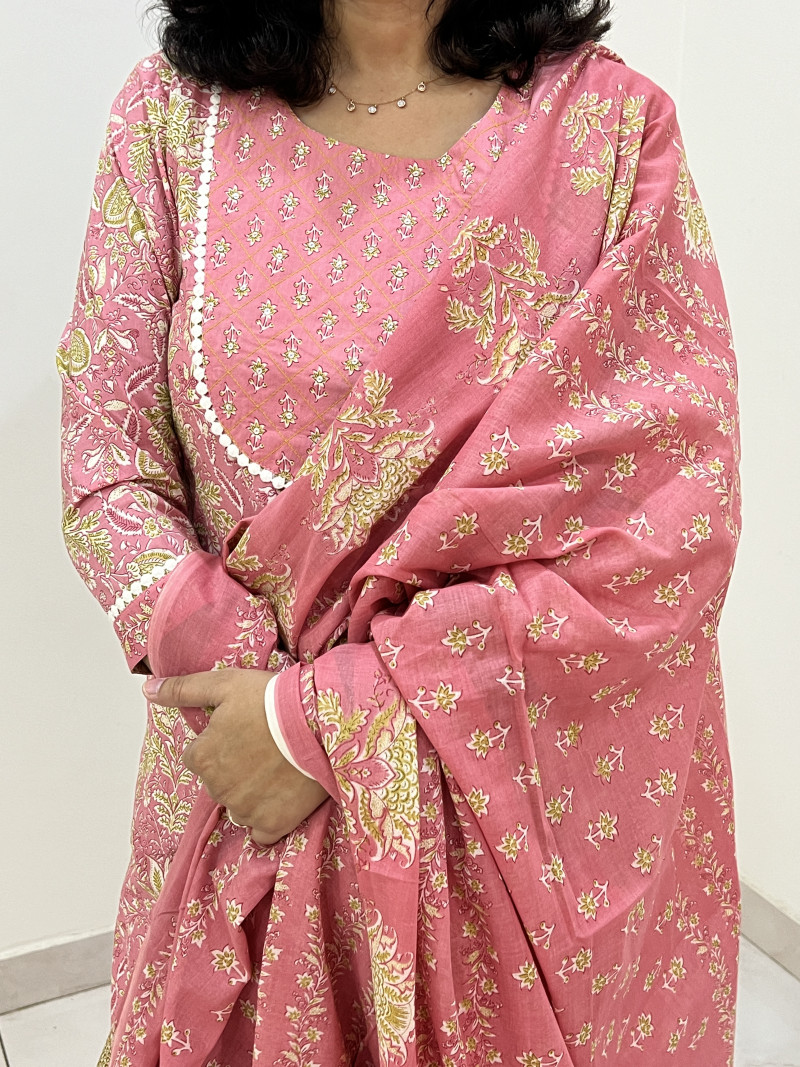 Pure Cotton Regular Style Suit in 3pc Set with Straight Pant and Pure Cotton Dupatta - Carrot Pink