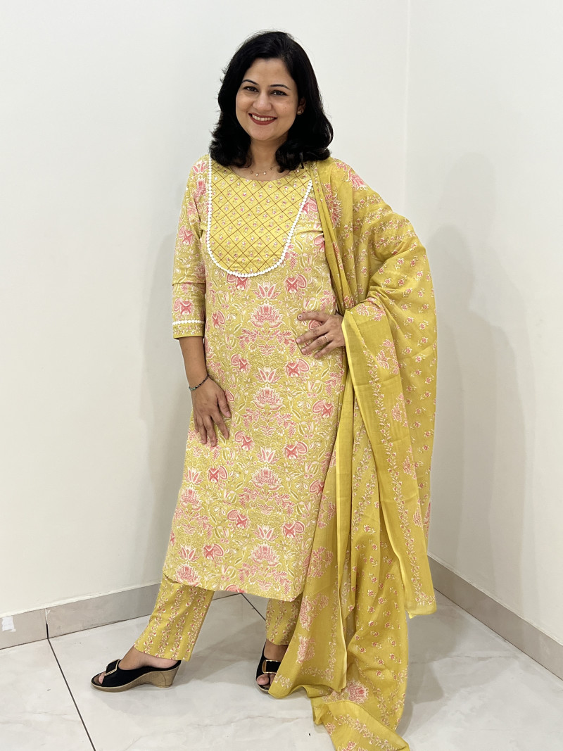 Pure Cotton Regular Style Suit in 3pc Set with Straight Pant and Pure Cotton Dupatta - Mustard Yellow