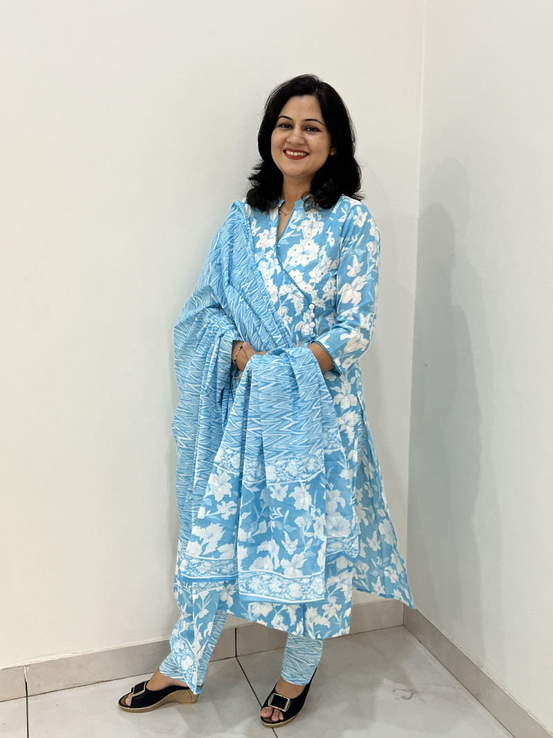 Pure Cotton Angrakha Style Suit in 3pc Set with Straight Pant and Pure Cotton Dupatta - Sky Blue