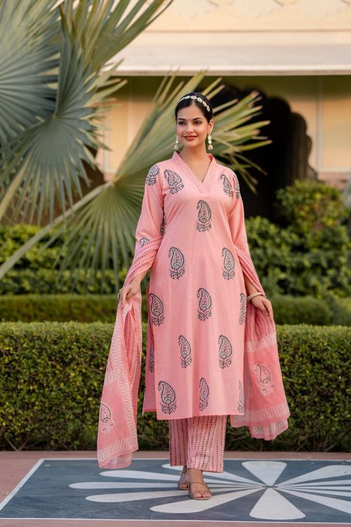 Pure Cotton Regular Style Suit in 3pc Set with Straight Pant and Pure Cotton Dupatta - Peach