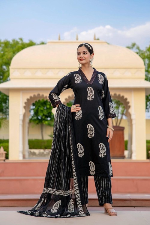 Pure Cotton Regular Style Suit in 3pc Set with V Neck & Straight Pant and Pure Cotton Dupatta - Black