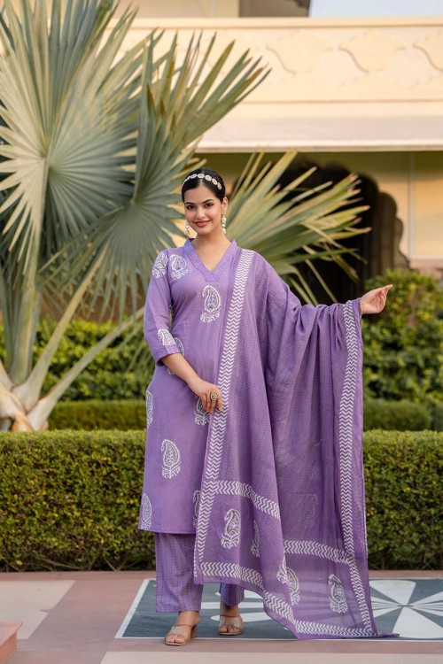 Pure Cotton Regular Style Suit in 3pc Set with V Neck & Straight Pant and Pure Cotton Dupatta - Lavender