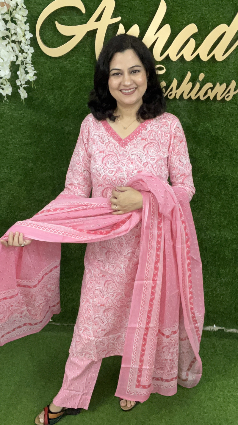 Pure Cotton Regular Style Suit in 3pc Set with Straight Pant and Pure Cotton Dupatta - Pink