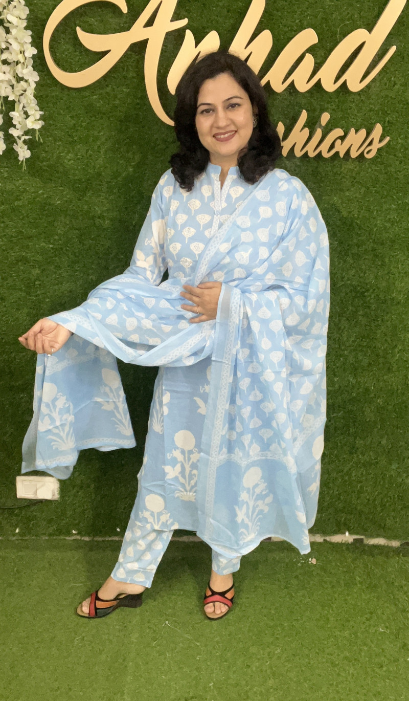 Pure Cotton Regular Style Suit in 3pc Set with Straight Pant and Mal Cotton Dupatta - Sky Blue