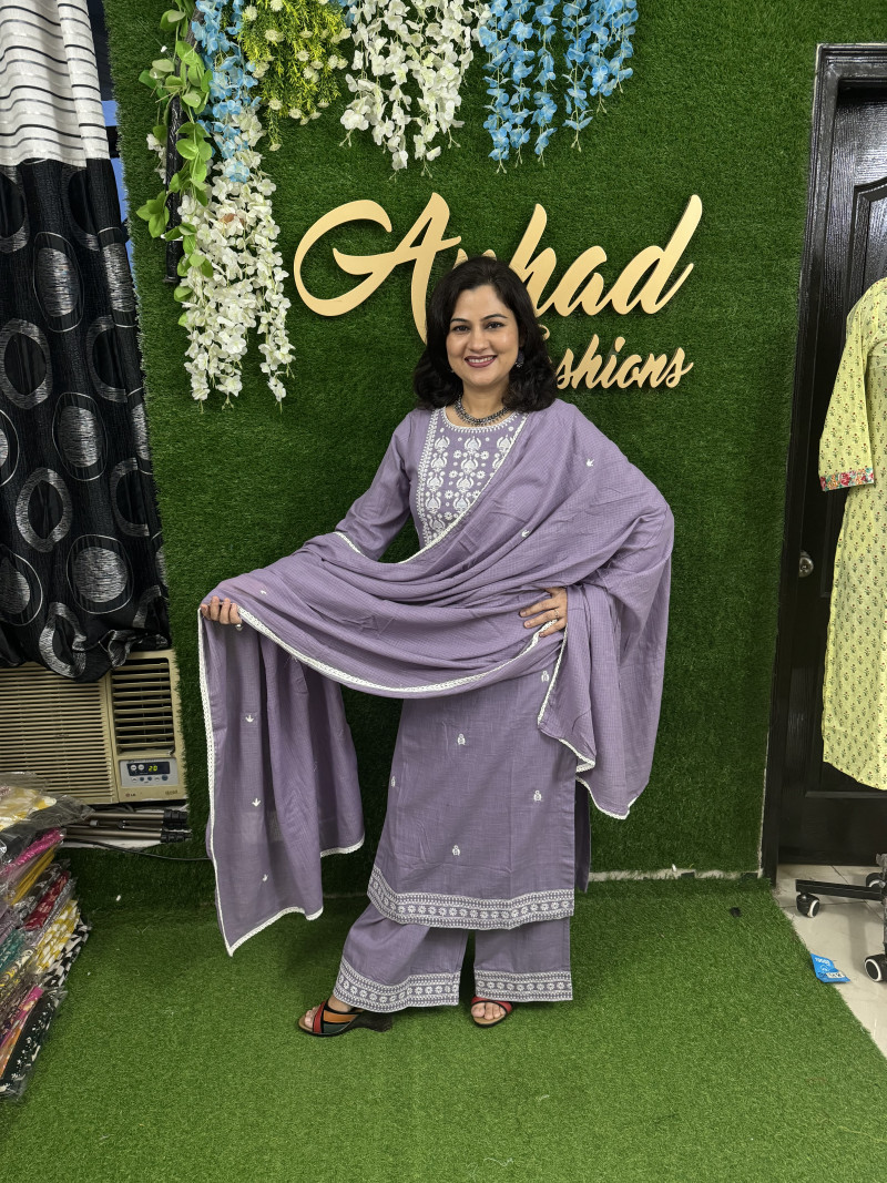 Linen Cotton Regular Style Suit in 3pc Set with Plazo Pant and Pure Kota Doria Dupatta - Lavender