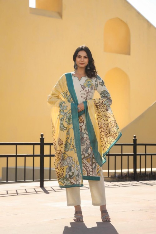 Pure Cotton Regular Style Suit in 3pc Set with Straight Pant and Pure Cotton Dupatta - Ivory