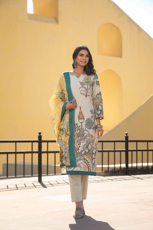 Pure Cotton Regular Style Suit in 3pc Set with Straight Pant and Pure Cotton Dupatta - Ivory