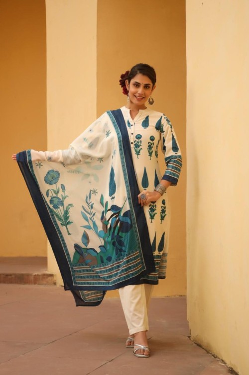 Pure Cotton Regular Style Suit in 3pc Set with Straight Pant and Pure Cotton Dupatta - Ivory Blue