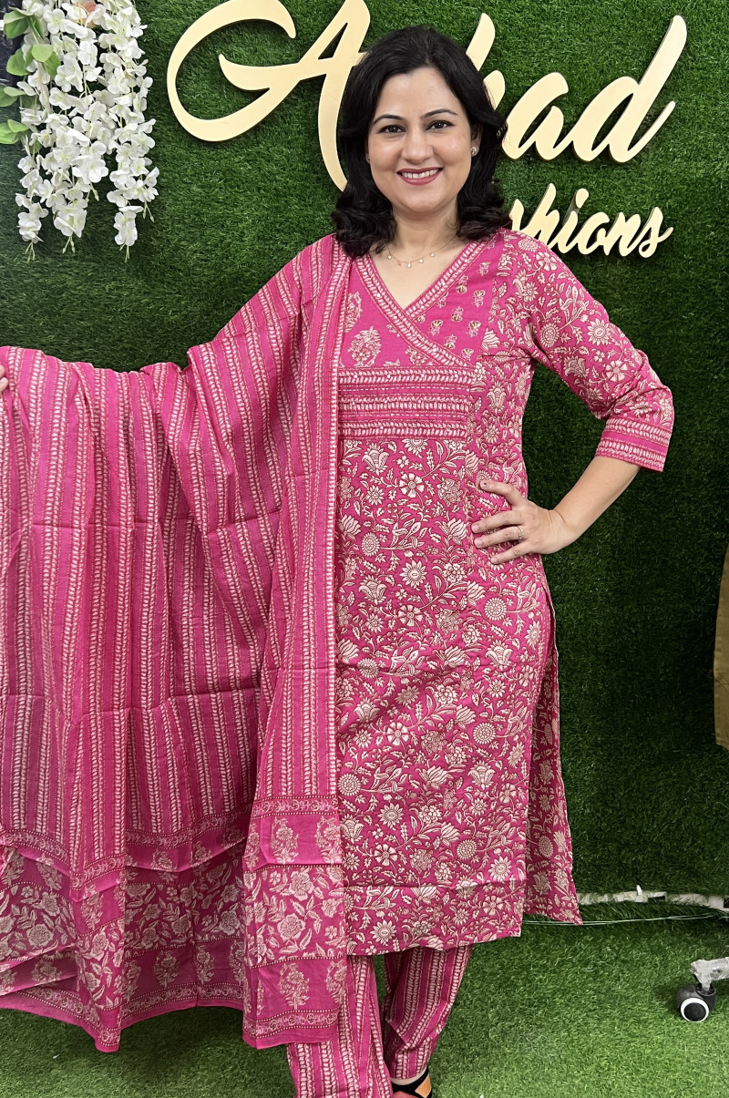 Pure Cotton Regular Style Suit in 3pc Set with Straight Pant and Pure Cotton Dupatta - Pink