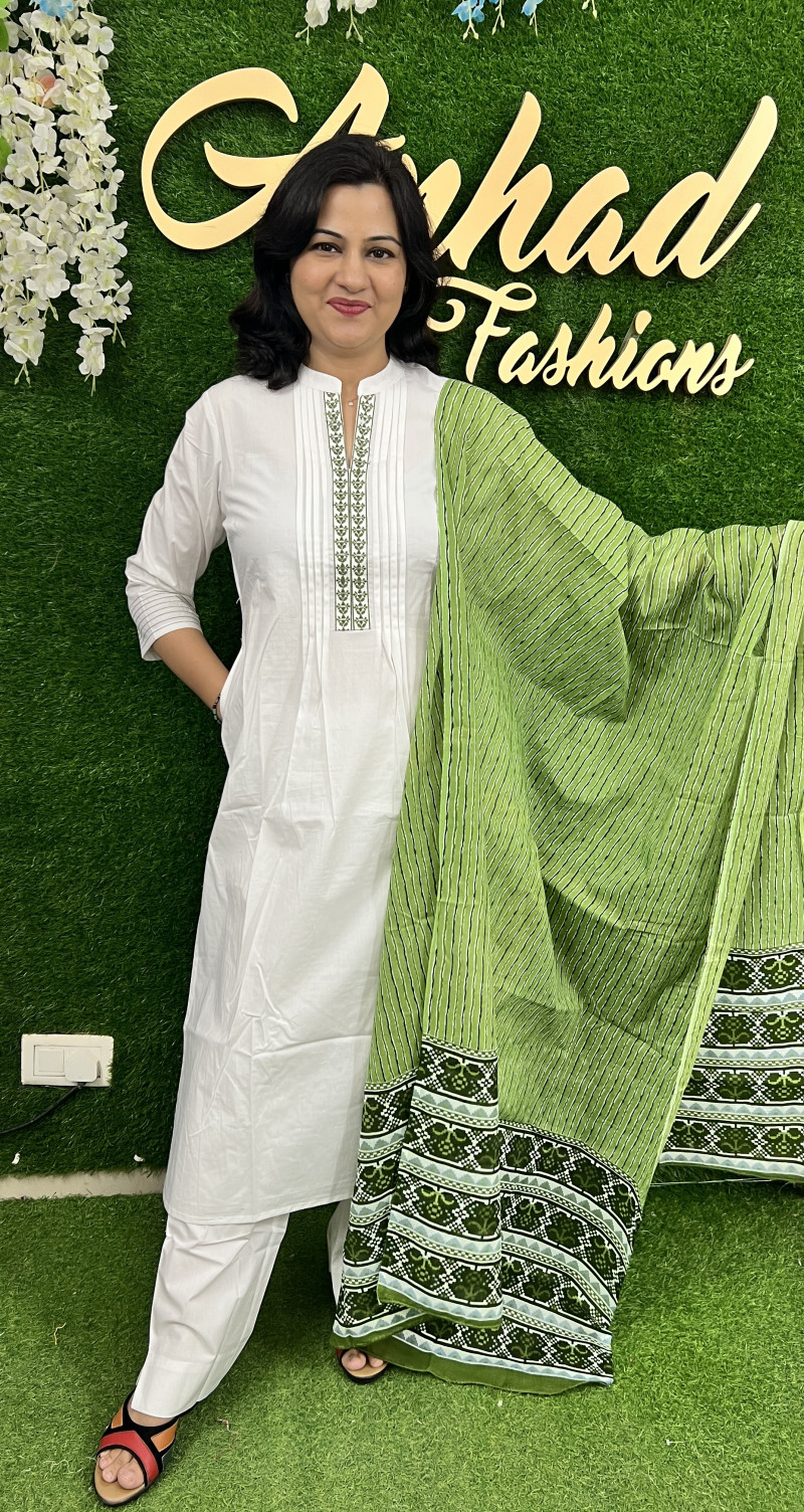 Pure Cotton Regular Style Suit in 3pc Set with Straight Pant and Pure Cotton Dupatta - White Green