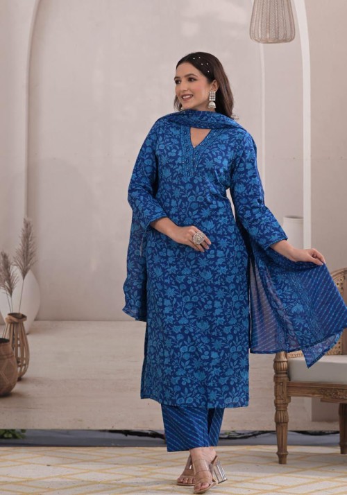 Pure Cotton Regular Style Suit in 3pc Set with Straight Pant and Pure Cotton Dupatta - Blue