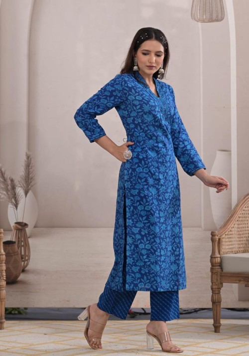 Pure Cotton Regular Style Suit in 3pc Set with Straight Pant and Pure Cotton Dupatta - Blue