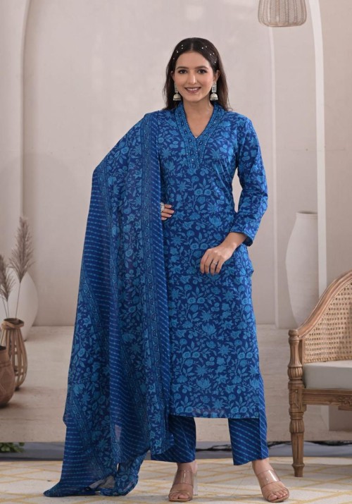 Pure Cotton Regular Style Suit in 3pc Set with Straight Pant and Pure Cotton Dupatta - Blue