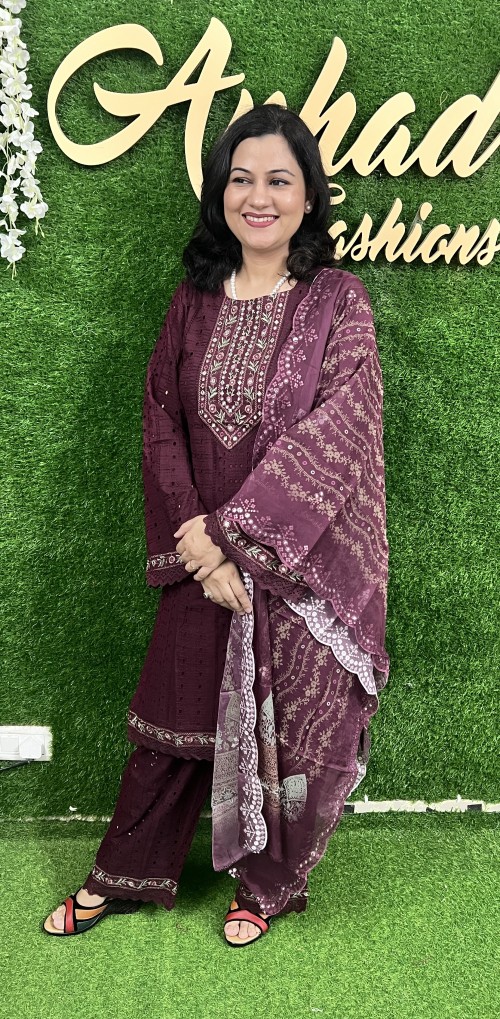 Pure Cotton Pakistani Style Suit in 3pc Set with all over Shifli work in Shirt, bottom and Pure organza Dupatta - Wine