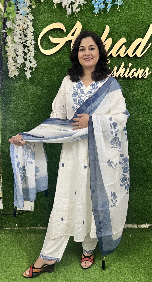 Linen Cotton Regular Style Suit in 3pc Set with Straight Pant and Pure Cotton Dupatta - Off White