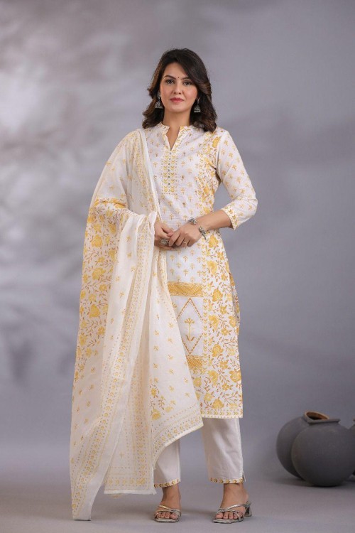 Pure Cotton Regular Style Suit in 3pc Set with Straight Pant and Mal Cotton Dupatta - Off White Yellow