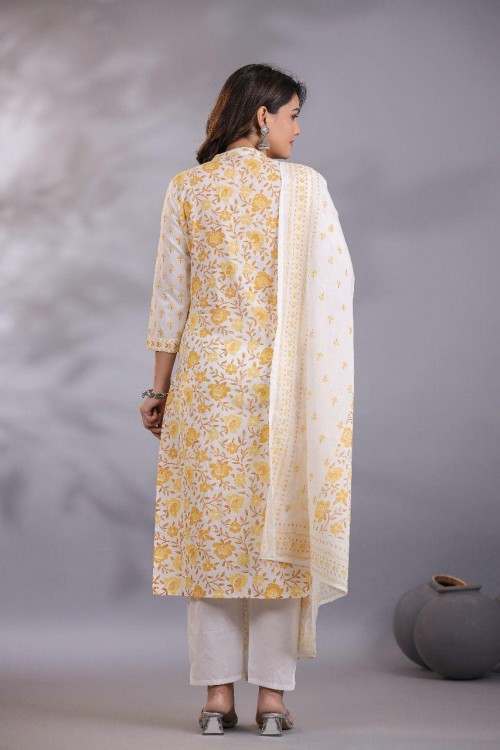 Pure Cotton Regular Style Suit in 3pc Set with Straight Pant and Mal Cotton Dupatta - Off White Yellow