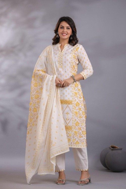 Pure Cotton Regular Style Suit in 3pc Set with Straight Pant and Mal Cotton Dupatta - Off White Yellow