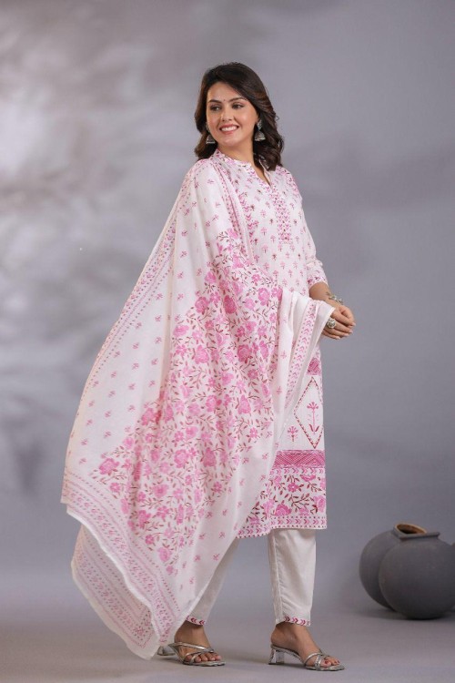 Pure Cotton Regular Style Suit in 3pc Set with Straight Pant and Mal Cotton Dupatta - Off White Pink