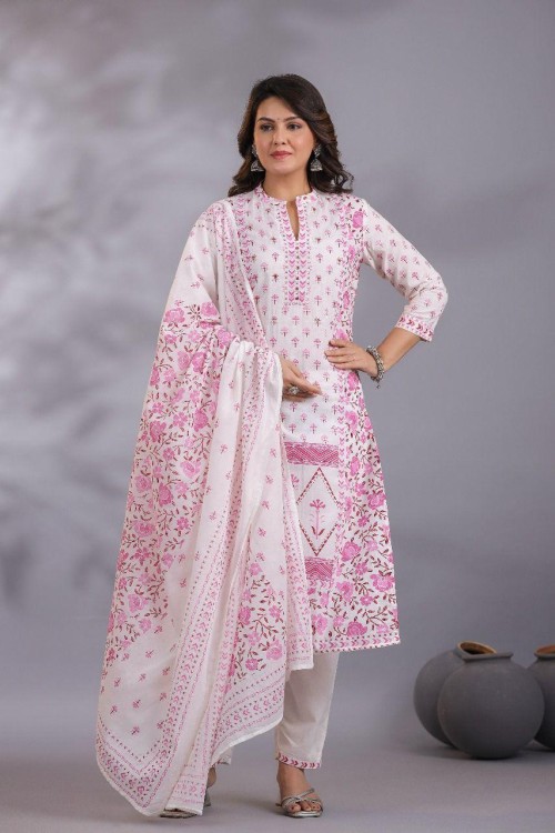 Pure Cotton Regular Style Suit in 3pc Set with Straight Pant and Mal Cotton Dupatta - Off White Pink