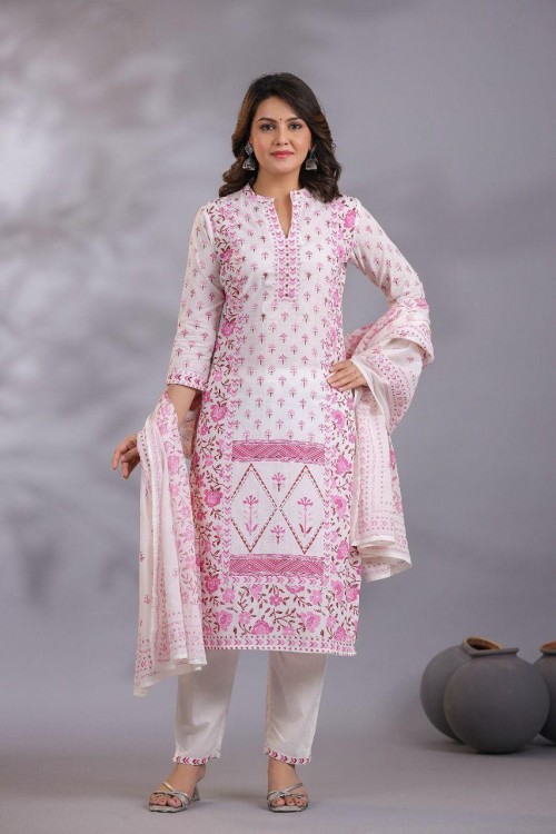 Pure Cotton Regular Style Suit in 3pc Set with Straight Pant and Mal Cotton Dupatta - Off White Pink