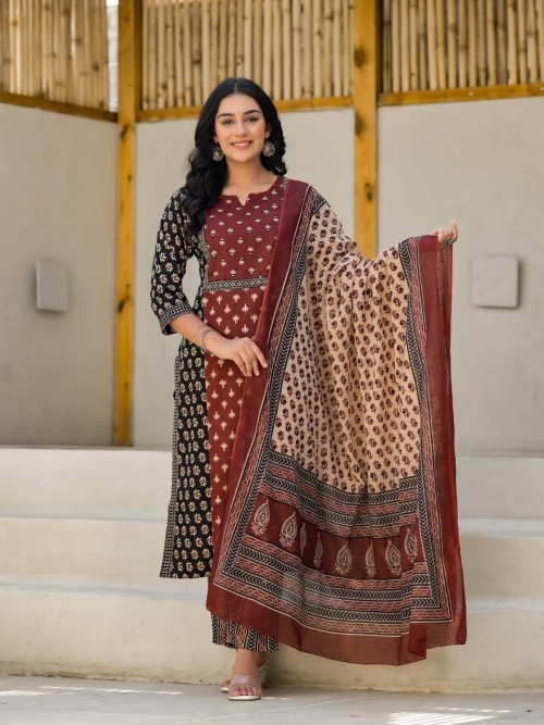 Pure Cotton Regular Style Suit in 3pc Set with Straight Pant and Pure Cotton Dupatta - Rust Black