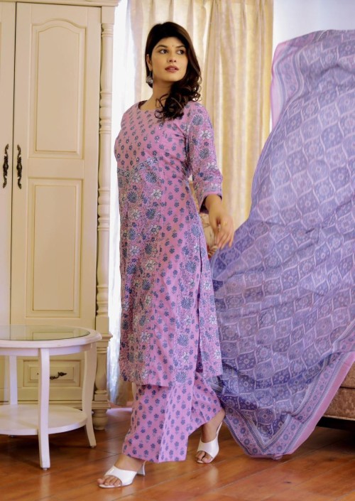 Pure Cotton Regular Style Suit in 3pc Set with Straight Pant and Pure Cotton Dupatta - Lilac