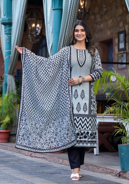 Pure Cotton Regular Style Suit in 3pc Set with Straight Pant and Pure Cotton Dupatta - Black White