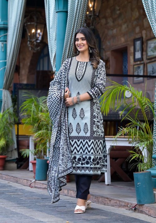 Pure Cotton Regular Style Suit in 3pc Set with Straight Pant and Pure Cotton Dupatta - Black White