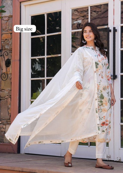 Pure Cotton Regular Style Suit in 3pc Set with Straight Pant and Mal Cotton Dupatta - Off White Plus sizes