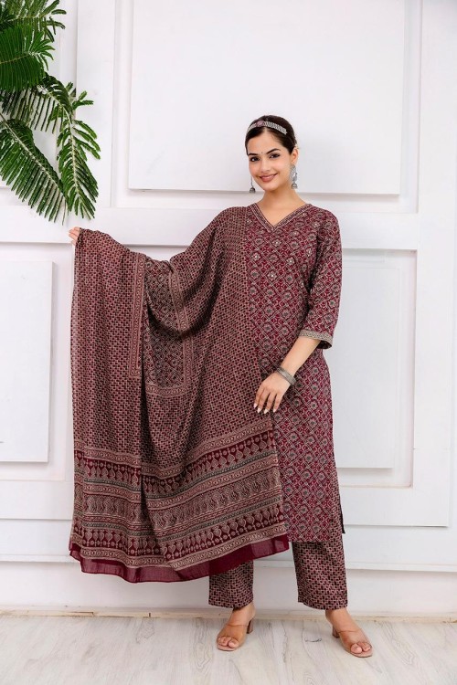 Pure Cotton Regular Style Suit in 3pc Set with Straight Pant and Pure Cotton Dupatta - Maroon