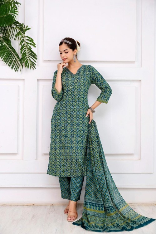 Pure Cotton Regular Style Suit in 3pc Set with Straight Pant and Pure Cotton Dupatta - Rama Green