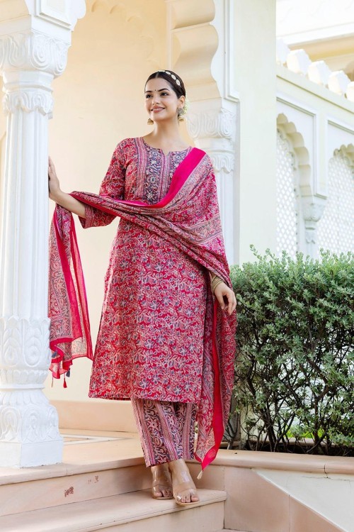 Pure Cotton Regular Style Suit in 3pc Set with Straight Pant and Pure Cotton Dupatta - Pink Grey