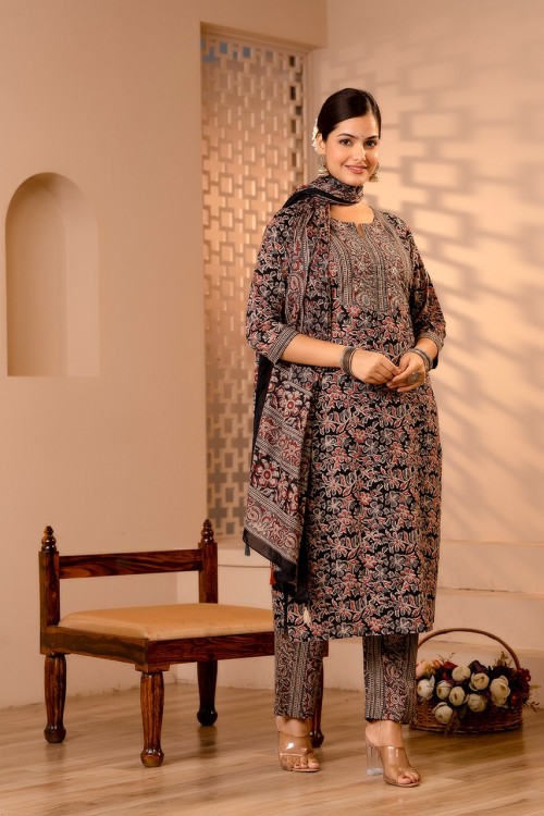 Pure Cotton Regular Style Suit in 3pc Set with Straight Pant and Pure Cotton Dupatta - Black Grey