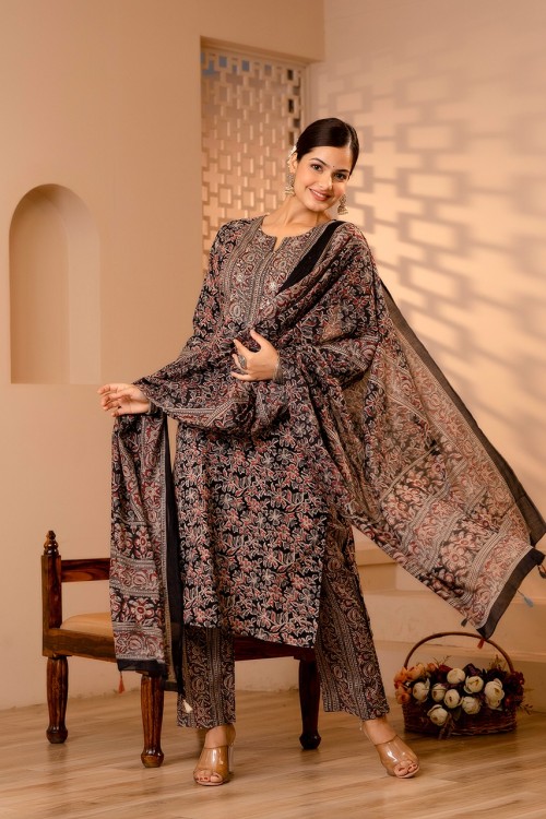 Pure Cotton Regular Style Suit in 3pc Set with Straight Pant and Pure Cotton Dupatta - Black Grey