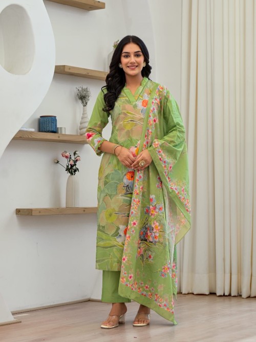 Pure Cotton Regular Style Suit in 3pc Set with Straight Pant and Pure Cotton Dupatta - Jade Green