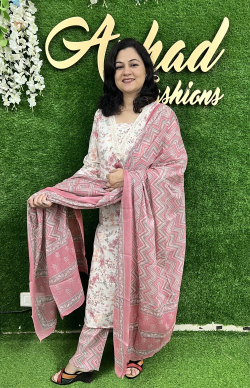 Pure Cotton Regular Style Suit in 3pc Set with Straight Pant and Pure Cotton Dupatta - White Pink (Plus Size)