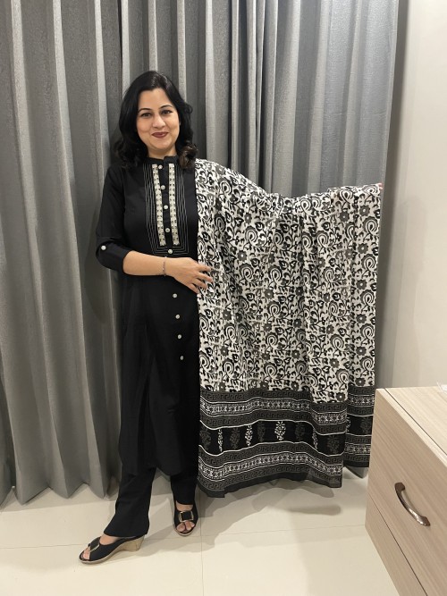 Pure Cotton Regular Style Suit in 3pc Set with Straight Pant and Pure Cotton Dupatta - Black Grey