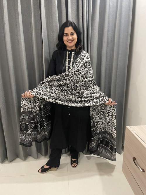 Pure Cotton Regular Style Suit in 3pc Set with Straight Pant and Pure Cotton Dupatta - Black Grey