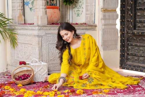 Pure Cotton Anarkali Style Suit in 3pc Set with Straight Pant and Pure Cotton Dupatta - Yellow