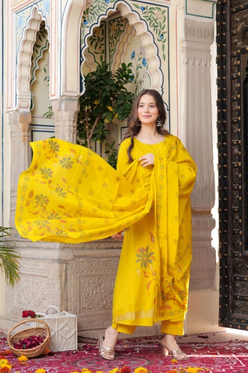 Pure Cotton Anarkali Style Suit in 3pc Set with Straight Pant and Pure Cotton Dupatta - Yellow