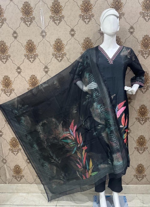 Chanderi Silk Party wear Suit in 3pc Set with Straight Pant and Organza Dupatta - Carbon Black