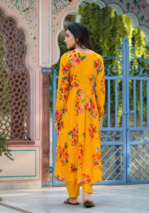 Chinnon Silk Party wear Anarkali in 3pc Set with Straight Pant and Chiffon Dupatta - Yellow